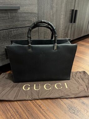 Gucci Authentic Vintage Black Leather Tote with Bamboo Handles with Duffle Bag.